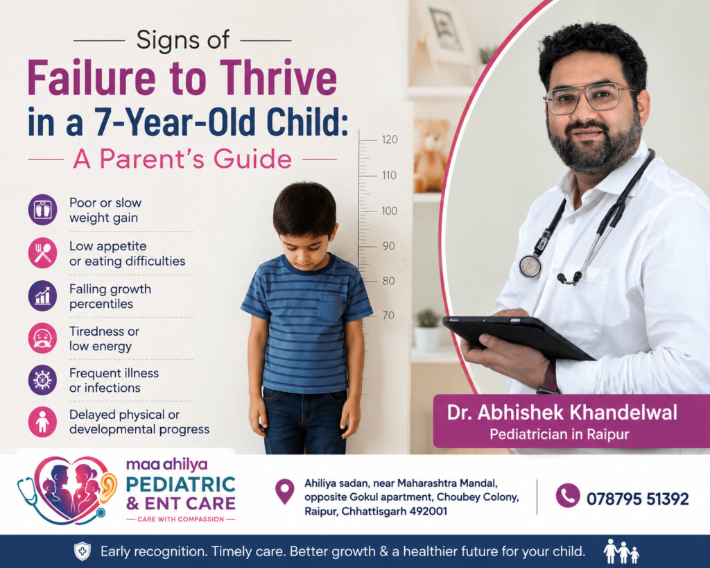 Pediatrician measuring a 7-year-old child's height for growth assessment in Raipur